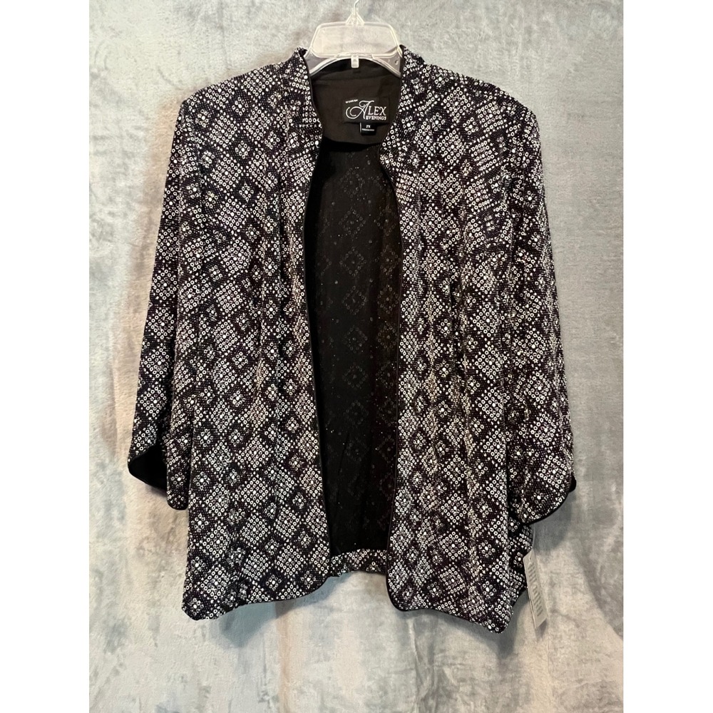 Alex Evenings Sequin Open Front Jacket Black Silver 2X Formal Evening Top NWT